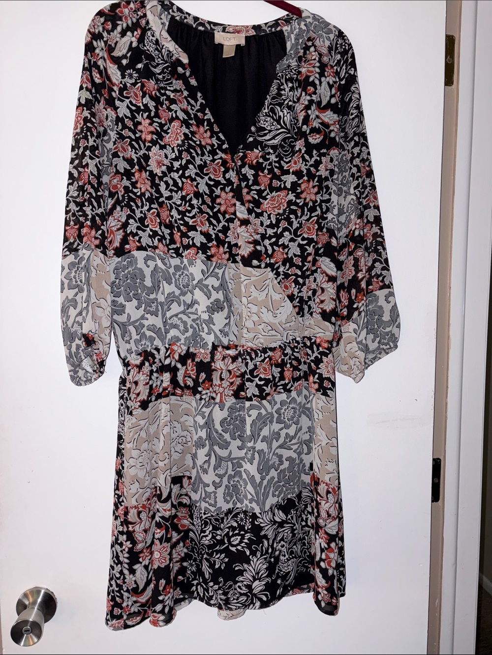LOFT Floral Patchwork V-Neck Dress in Black, Cream and Blush